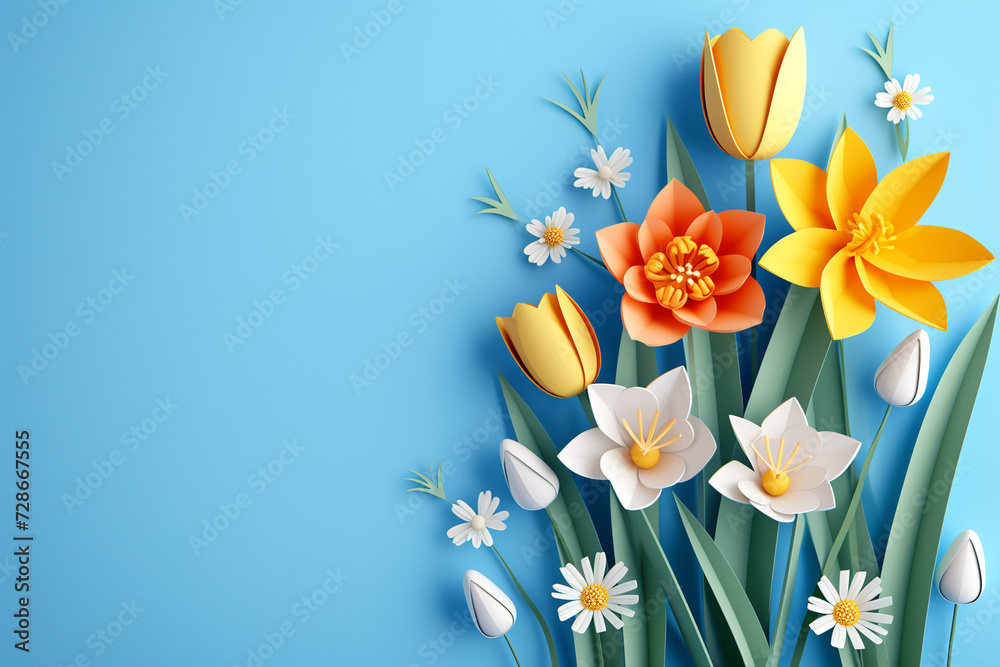 Fototapeta premium Delicate yellow orange paper cut spring flowers on a blue background. Spring floral background with copy space.