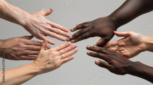 overhead view of multiple hands of diverse skin tones coming together in the center, symbolizing unity and teamwork