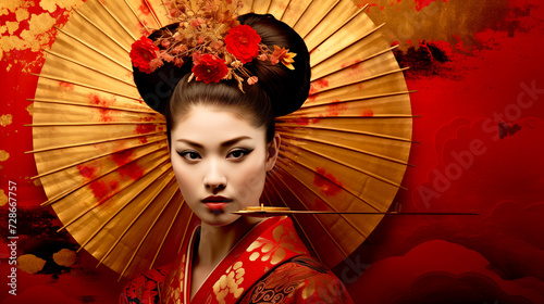 Portrait of a Japanese Geisha with a Fan. Beautiful Elegant Geisha in a Traditional Japanese Red Kimono