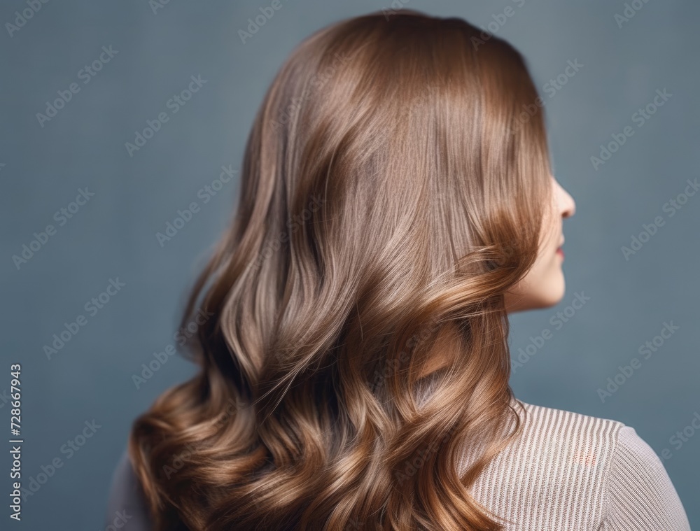 Fototapeta premium Beautiful girl with brown hair coloring. Stylish hairstyle curls done in a beauty salon. Fashion, cosmetics and makeup