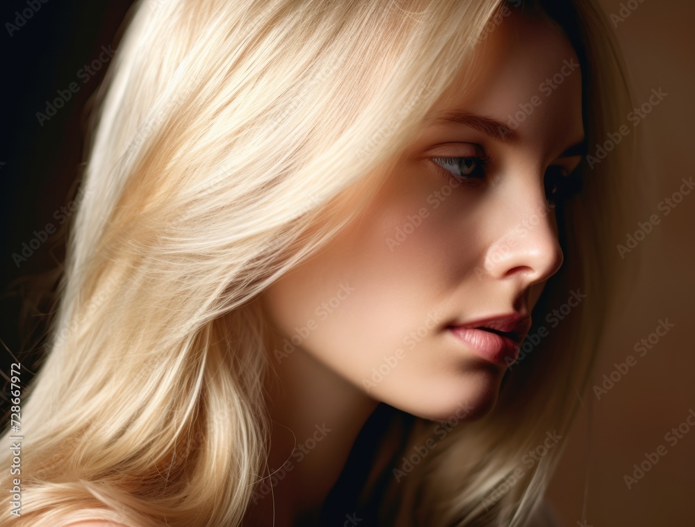 Fototapeta premium Woman with blonde hair, elegant hair, shiny and glossy.