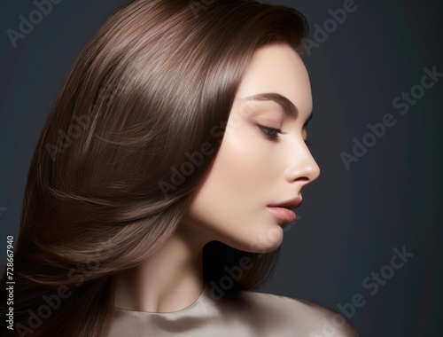 Beautiful girl with brown hair coloring. Stylish hairstyle curls done in a beauty salon. Fashion, cosmetics and makeup