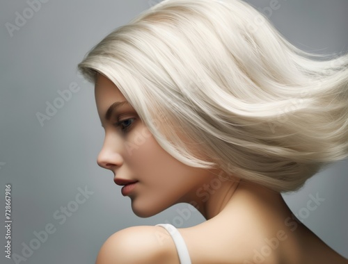 Beautiful girl with hair coloring in ultra blond. Stylish hairstyle curls done in a beauty salon. Fashion, cosmetics and makeup