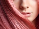 Close up of pink hair and pink lip. Hair color beauty concept. Young woman with long healthy pink hair
