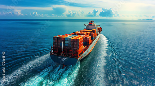 Shop in open sea. Large cargo ship sailing in the ocean. Freight transportation. Container transportation. 