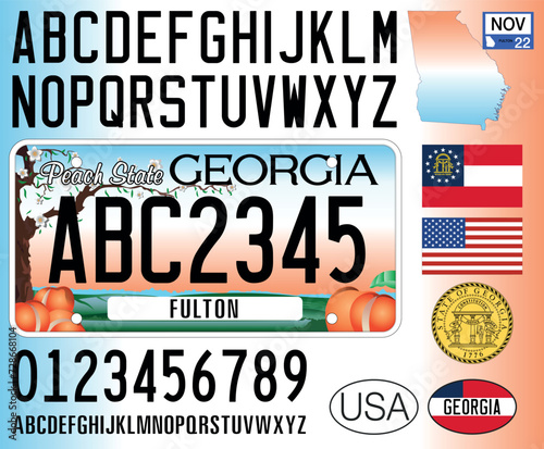 Georgia US state car license plate pattern, letters, numbers and symbols, vector illustration, USA photo