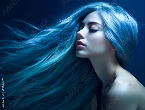 A woman with long dyed blue hair. Concept of hair care and coloring, female beauty Portrait of a young beautiful woman