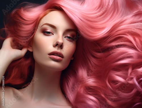 Portrait of a young woman with pink hair. Perfect hairstyle and hair coloring. Girl with beautiful blue eyes and long pink hair