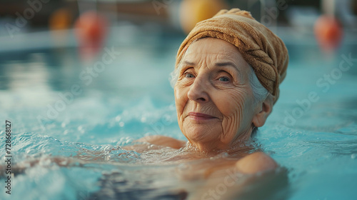 Porträt einer älteren Frau, die sich im Schwimmbad entspannt. Ältere Frau entspannt sich im Schwimmbad. © NHDesign