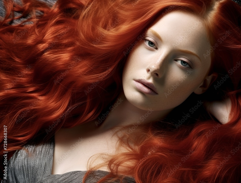 Close-up of beautiful young woman with long healthy red hair looking at camera Close-up of beautiful young woman with long healthy red hair looking at camera