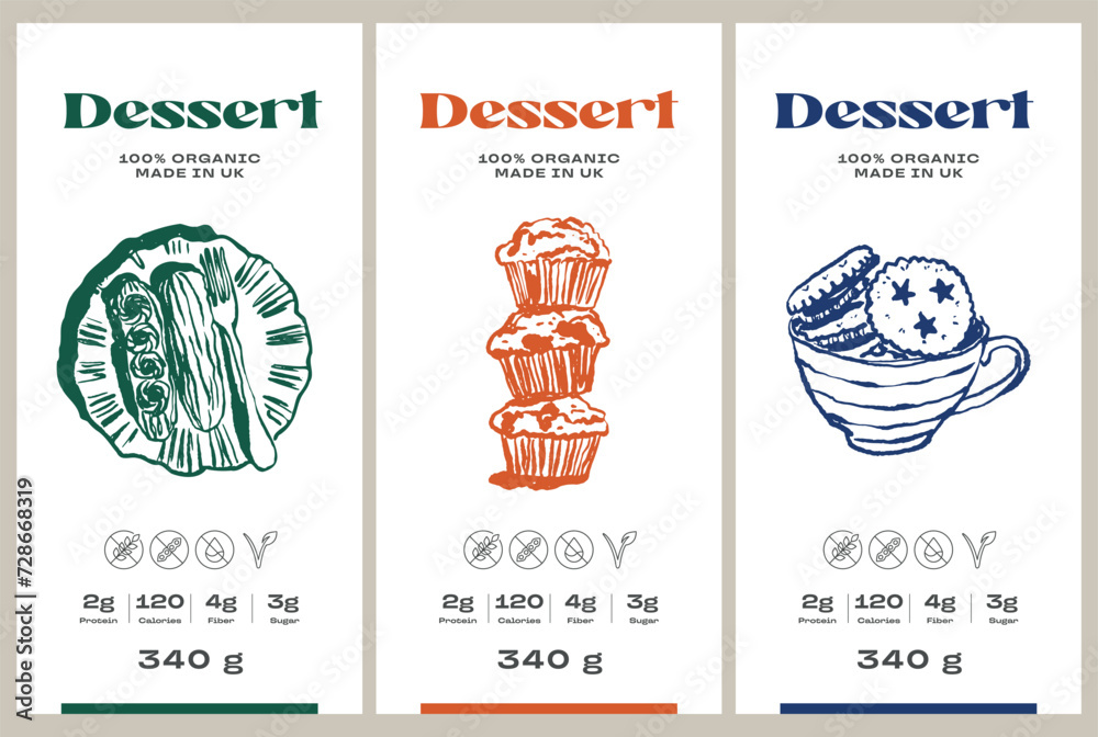 Naklejka premium Vector hand drawn dessert packaging label design template set for cafe or restaurant 