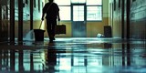 Janitorial concept with custodian cleaning the floors of a large building