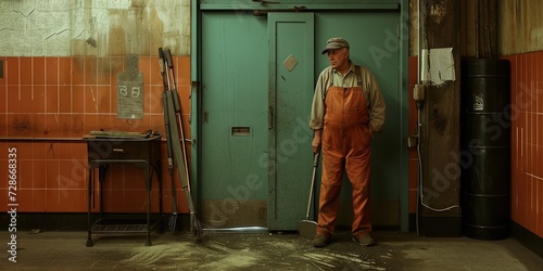 Janitorial concept with custodian cleaning the floors of a large building