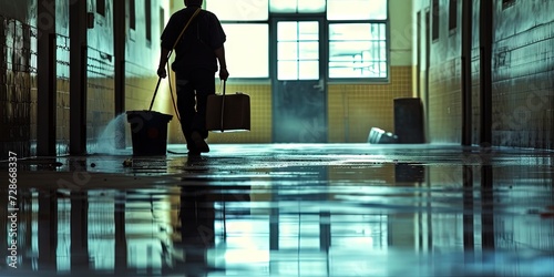 Janitorial concept with custodian cleaning the floors of a large building photo