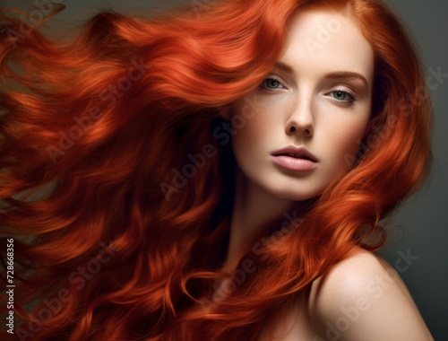 Portrait of a beautiful young woman with elegant long red shiny hair , hairstyle