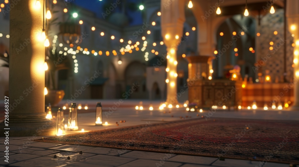A Ramadan celebration in a cultural square, with traditional decorations, an empty podium awaiting community leaders, and the joyful atmosphere of a diverse gathering.