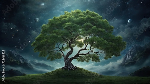 a majestic tree with lush green foliage against a mystical landscape. Ideal for fantasy themed content, digital art, and nature inspired designs. Digital artwork