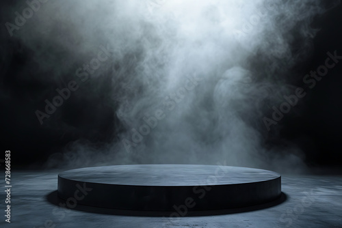 Abstract black podium stage with dark smoke background and spotlight. Textured foggy setting for product display or presentation. Mock up for commercial. 