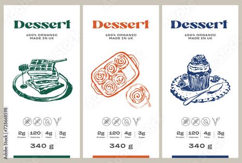 Vector hand drawn dessert packaging label design template set for cafe or restaurant 