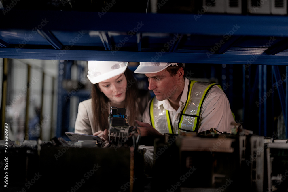 technician engineers team checking the machine and maintenance service. workers looking at spare parts in stock at warehouse factory. laborer with a checklist looking on part of machine parts.