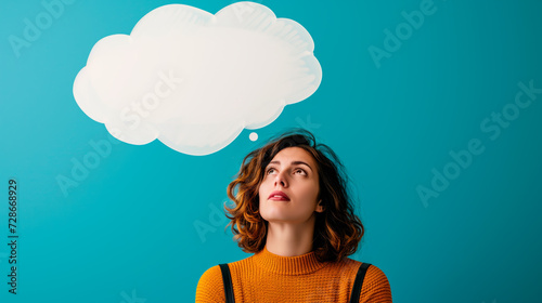 Woman with thought bubble on blue background, concept of ideas and creativity. Copy space.
