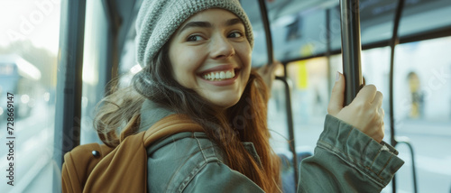Joyful young woman smiling on a city bus, a picture of urban daily life and happiness