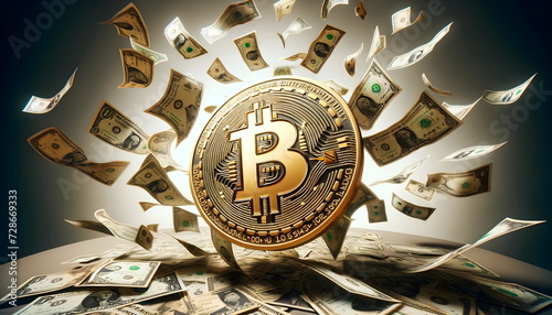 dollar banknotes flying around bitcoin