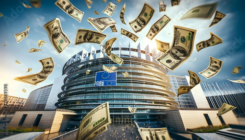 dollar banknotes flying on european union building photo