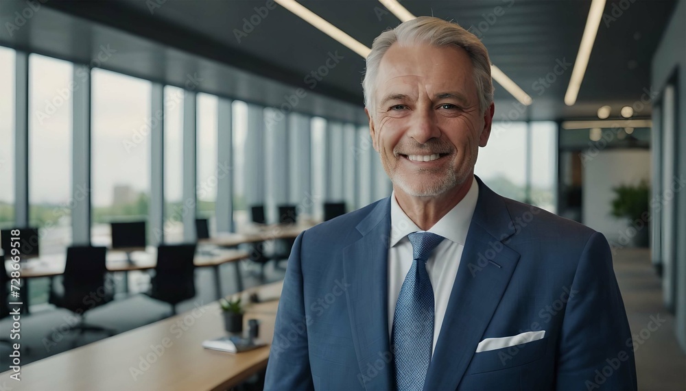 Naklejka premium Confident young businessman smiling and looking at camera standing in office. And a successful CEO.