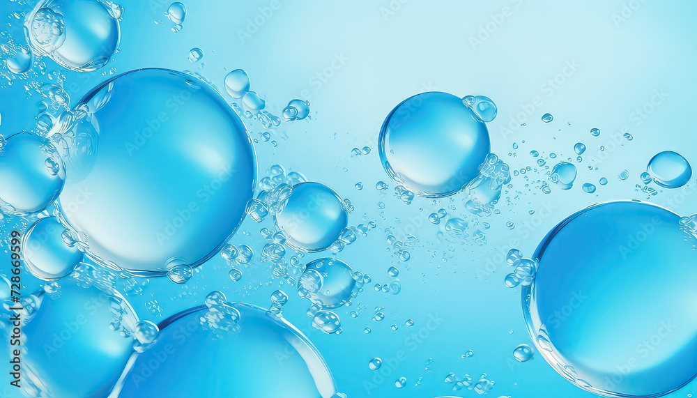 abstract blue background with water drops and air bubbles, wallpaper with glass balls