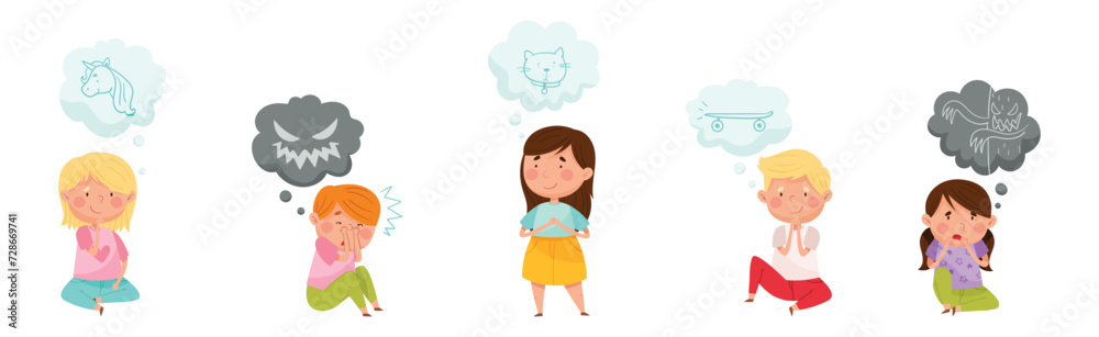 Cute Kid Imagining Object in Dream Bubble or Cloud Vector Set Cute Kid Imagining Object in Dream Bubble or Cloud Vector Set