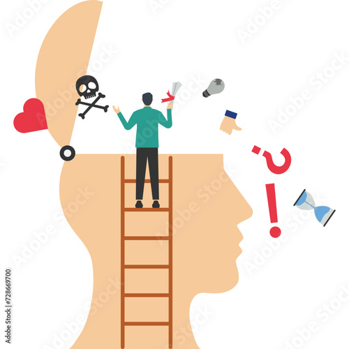 Tidy up your mind, improve creative thinking ability, free memory concepts, clear your brain to regain focus, declutter ambitious entrepreneur, clean and remove all messy worries from his big head.