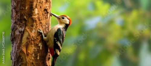 Woodpecker taps diligently on the tree
