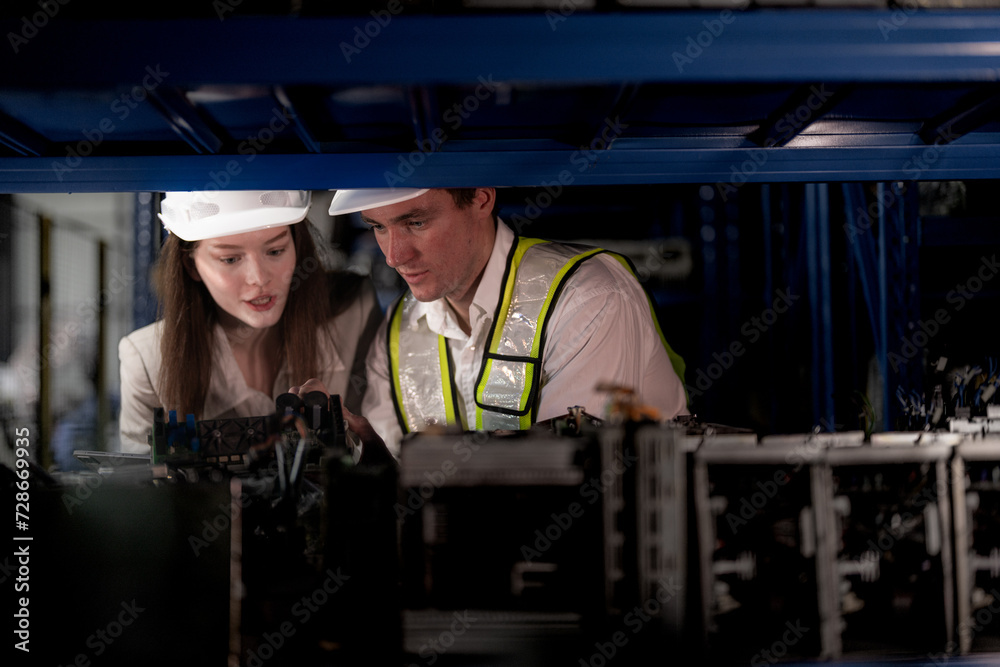 checking and inspecting metal machine part items for shipping. male and woman worker checking the store factory. industry factory warehouse. The warehouse of spare part for machinery and vehicles. checking and inspecting metal machine part items for shipping. male and woman worker checking the store factory. industry factory warehouse. The warehouse of spare part for machinery and vehicles.