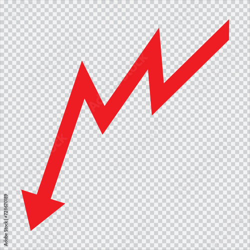 Red  arrow going down stock icon on transparency background. Bankruptcy, financial market crash icon for your web site design, logo, app, UI. graph chart downtrend symbol. chart going down sign. PNG