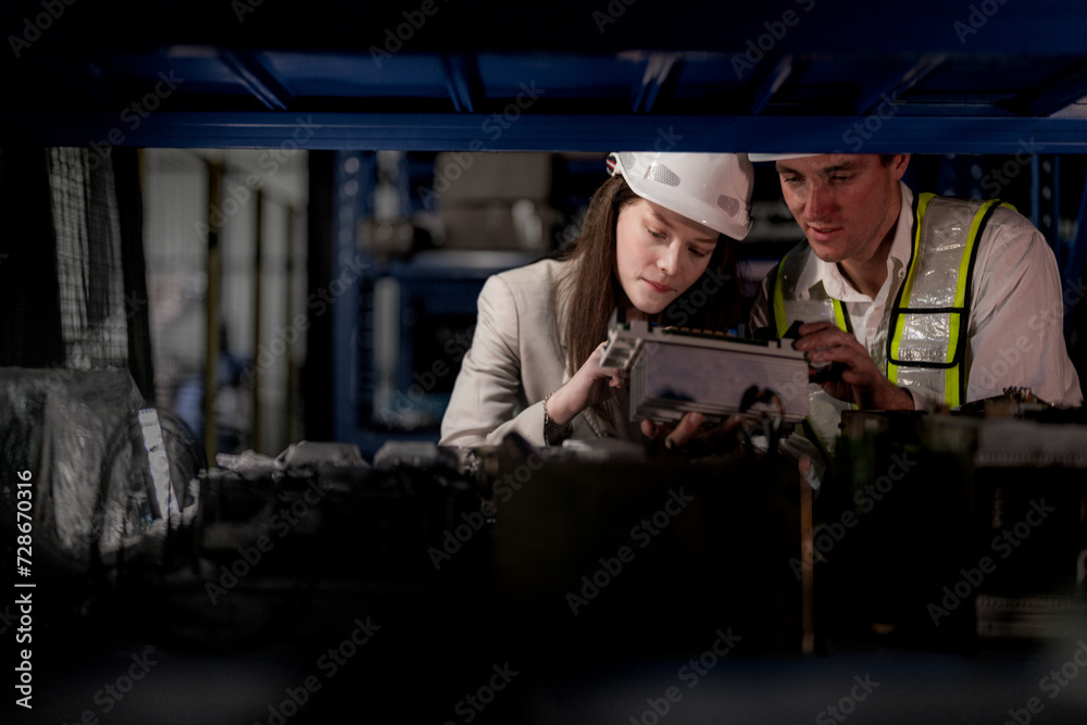 checking and inspecting metal machine part items for shipping. male and woman worker checking the store factory. industry factory warehouse. The warehouse of spare part for machinery and vehicles.