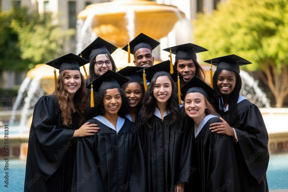 Group photo of happy joyful diverse multiracial college or university graduate student friends in black graduation hats and gowns, 