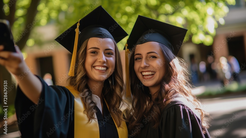 Hyper-realistic High-Quality Photo of Smiling Female College Student Graduates Taking Selfie in Cap and Gown. Hyper-realistic High-Quality Photo of Smiling Female College Student Graduates Taking Selfie in Cap and Gown.