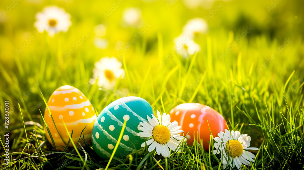 Easter eggs with daisies on green grass on a sunny day Easter eggs with daisies on green grass on a sunny day