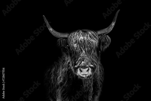 highland cow in front of black background as black and white poster photo