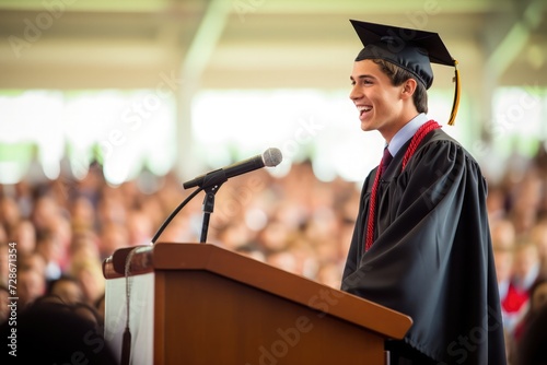 Ultra high definition image of a student giving a valedictorian speech on stage with faculty seated behind.  photo