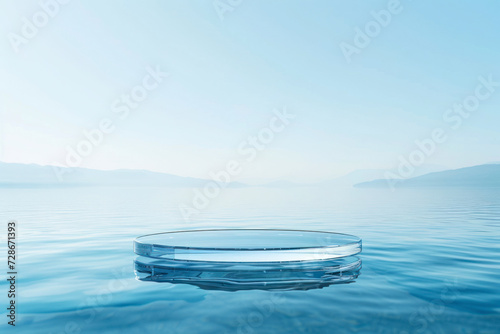 Empty clear glass circle podium on blue calm water. photo