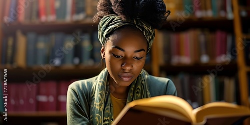 African American female student studying religion in a Chicago college library, Generative AI