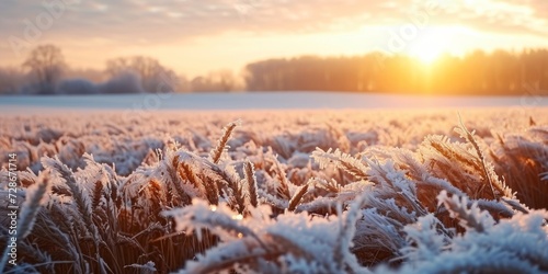 Spring frosts damaged winter crops and frozen plants in the meadow at sunrise affecting the sowing of wheat in agricultural fields covered with hoarfrost during the spring, Generative AI photo