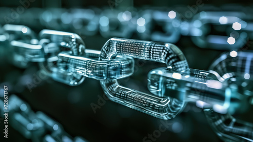background with chains and data, how blockchain enables smart contracts, transparent blocks connected by chains with digital codes inscribed in each