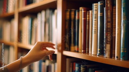 Picking books from a bookshelf, focus on the hand, a side angle shot