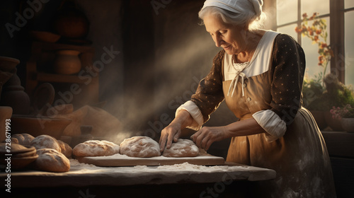 Portrait of grandmother  loving caring senior woman  wearing apron  cooking bread in classic traditional wooden village kitchen. Old woman kneading dough. Preparing traditional food. Generative Ai.