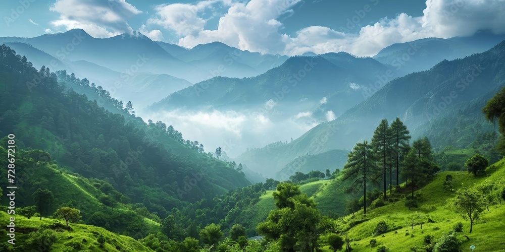 scenic landscape of Country, the lush green mountains adorned with towering trees and pine woods, stand as a testament to the natural wonders of the sky-kissed wilderness, explorers, Generative AI