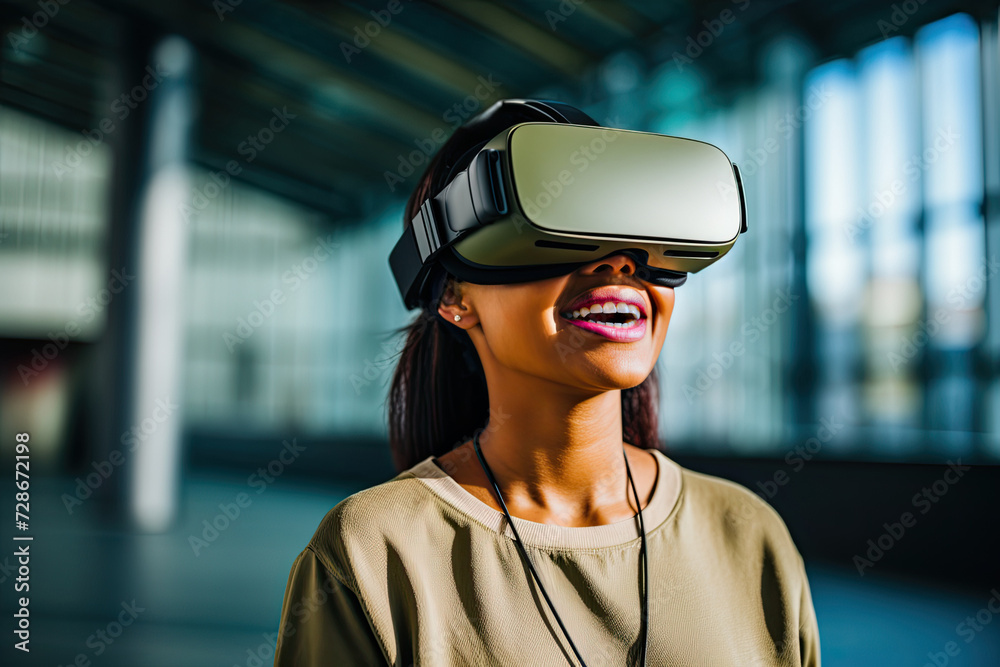Joyful woman with vr headset enjoying immersive virtual reality experience. Joyful woman with vr headset enjoying immersive virtual reality experience.
