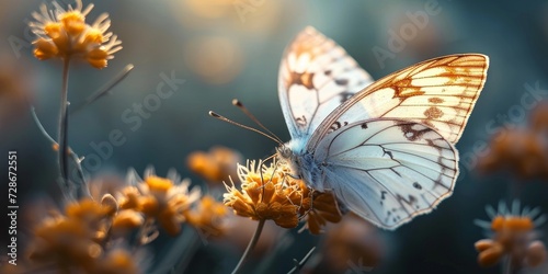 In the serene nature background, an isolated white butterfly, a majestic animal and delicate insect, showcases its intricate brown wings in mesmerizing macro, Generative AI